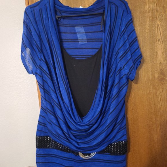 Blue and Black Striped Double Layer Shirt with Black Belt - Picture 2 of 3